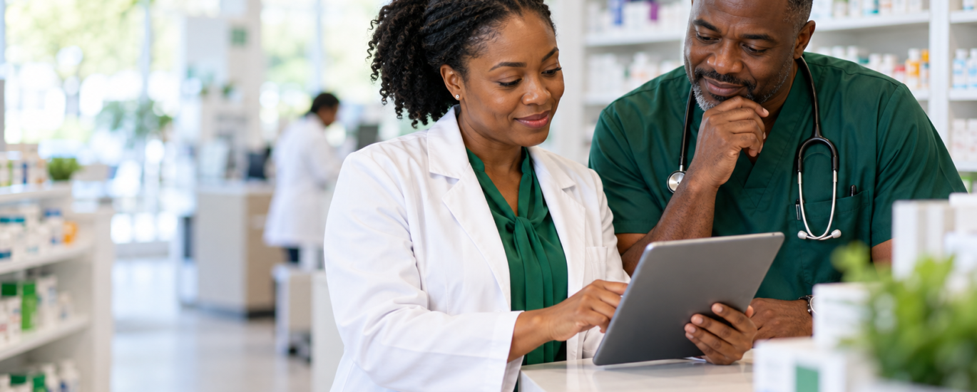 Physician and pharmacist reviewing information together at a pharmacy counter.