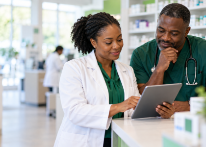 Physician and pharmacist reviewing information together at a pharmacy counter.