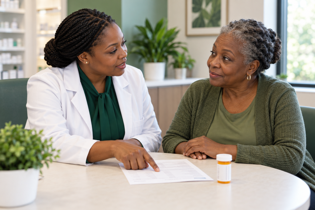 Pharmacist discussing a medication list with an older patient in a consultation room.